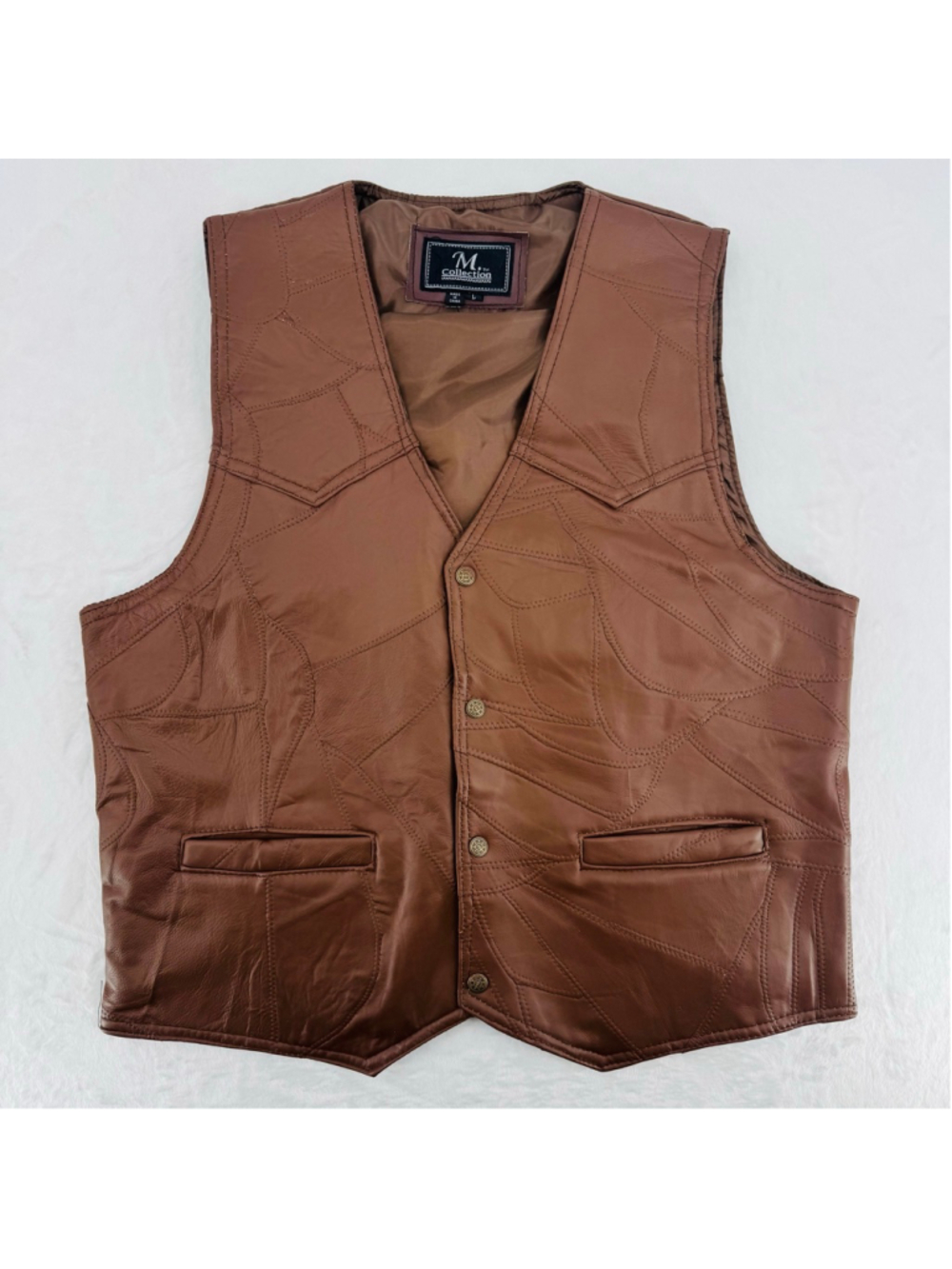 Vintage Brown Leather Vest Patchwork Biker Moto Western Motorcycle Men's Large